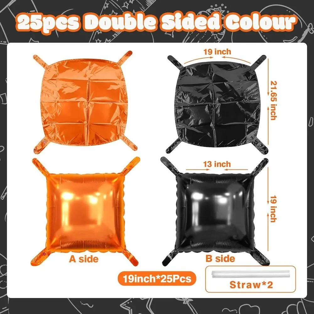 25PCS Halloween Black Orange Square Foil Balloons Wall Backdrop Double Sided